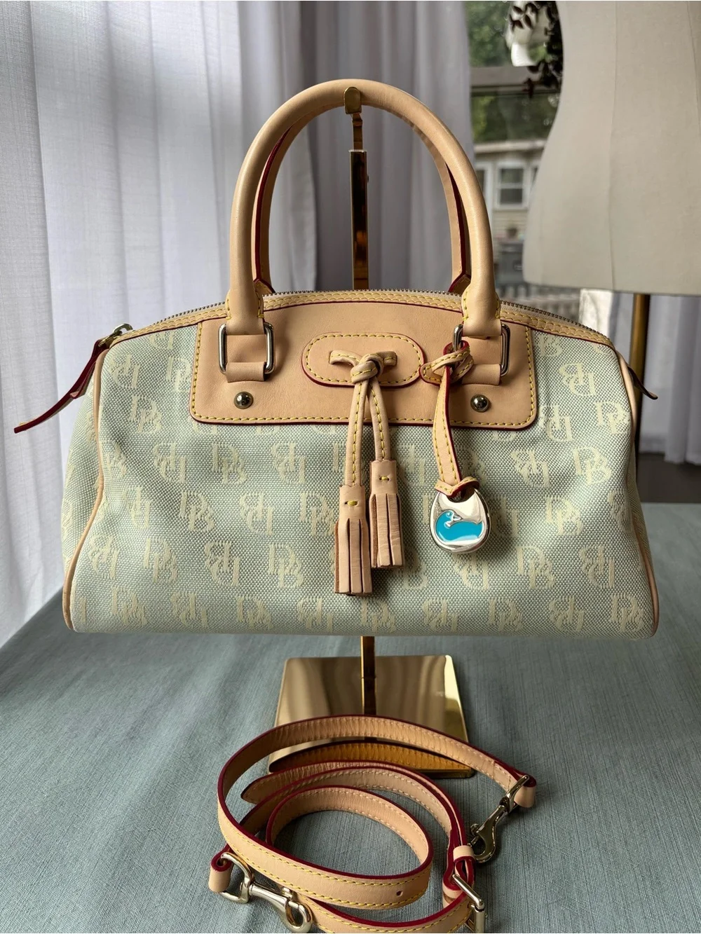 Vintage Dooney Bourke Light Blue Logo Satchel with Vacchetta Leather Trim Tassel